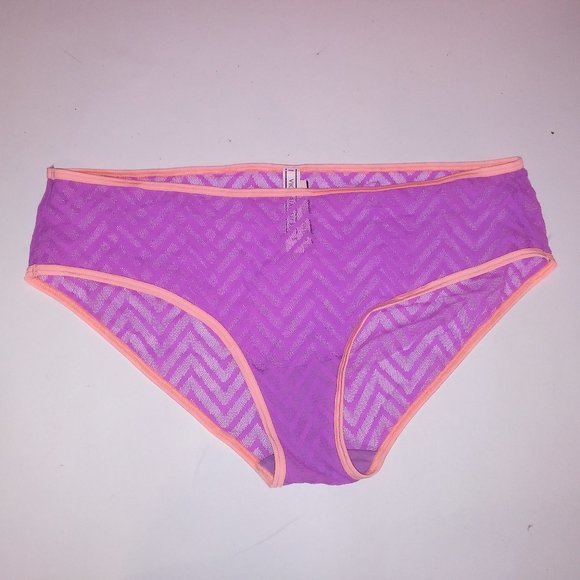 3/$35 Victoria Secret Panty Hiphugger Large Purple Orange Geo Zig Zag Lace Sheer - Picture 1 of 7